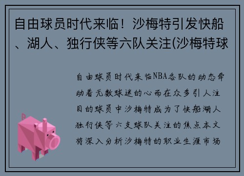 自由球员时代来临！沙梅特引发快船、湖人、独行侠等六队关注(沙梅特球鞋)