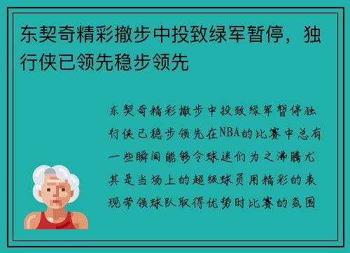 东契奇精彩撤步中投致绿军暂停，独行侠已领先稳步领先